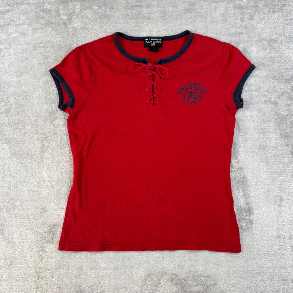 Polo Jeans Co Ralph Lauren Shirt Womens Small Red Lace Up Top Vtg Y2K Baby Tee